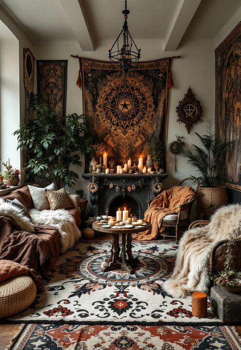 Boho Witchy Bedroom Wiccan Decor Bedroom, Mystic Interior Design, Boho Goth Interior Design, Dark Boho Apartment Aesthetic, Witchy Small Bedroom, Cozy Boho Decor, Boho Witch Aesthetic Home, Witchy Couch, Witchy Farmhouse Aesthetic