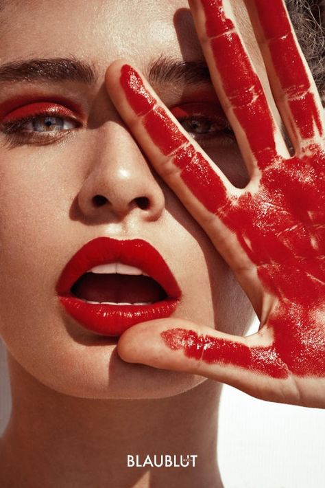 Red beauty editorial photography by Elena Iv-Skaya. Image licensing via BLAUBLUT EDITION. Red Photography, Self Photography, Paint Photography, Shotting Photo, Creative Photoshoot Ideas, Photographie Portrait Inspiration, Red Makeup, Self Portrait Photography, Creative Portrait Photography