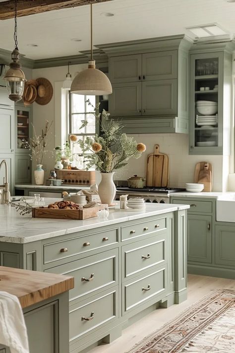 50+ Serene Kitchens with Sage Green Cabinets Small Airy Kitchen, Bohemian House Interior Design, Not White Kitchen, Sage Green Kitchen, Kitchen Decor Inspiration, Green Kitchen Cabinets, Green Cabinets, Kitchen Cabinet Colors, Kitchen Inspiration Design