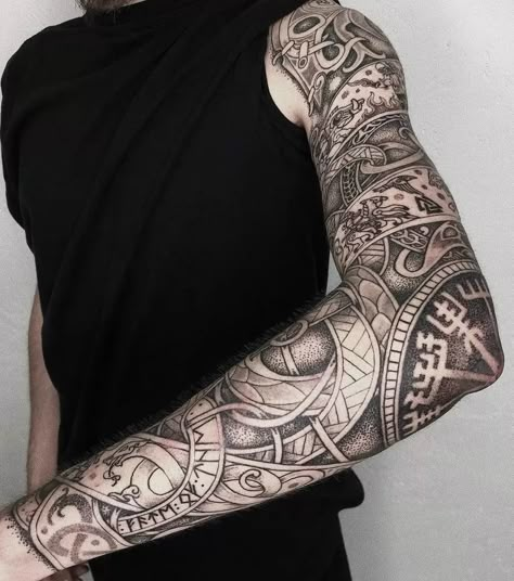 From conveying identity and belonging to embodying spirituality and status, tribal tattoos continue to be a powerful means of self-exp Celtic Sleeve Tattoos, Viking Tattoos For Men, Traditional Viking Tattoos, Tato Maori, Band Tattoos For Men, Norse Mythology Tattoo, Scandinavian Tattoo, Viking Tattoo Sleeve, Tattoo Band