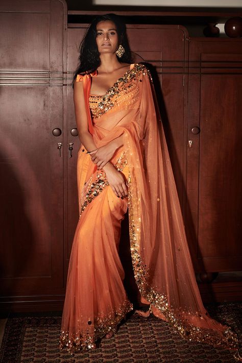 Buy Dilnaz Karbhary Orange Net Mirror Embellished Bustier Online | Aza Fashions Burnt Orange Saree, Anklets Indian, Orange Mirror, Bridesmaid Saree, Orange Saree, Embroidered Saree, Indian Dresses Traditional, Sequin Embroidery, Indian Dress