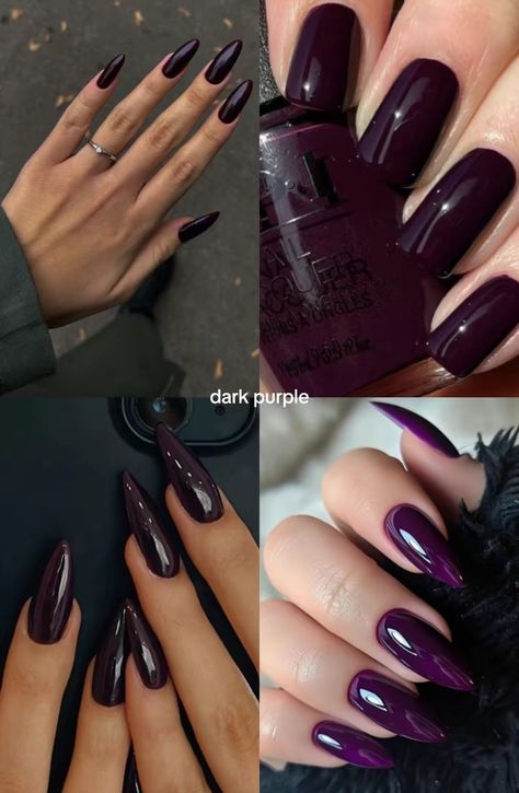 Rich Purple Nails, Plum Brown Nails, Dark Purple Pink Nails, Dusky Purple Nails, Dark Purple Brown Nails, Purple Nail Shades, Dark Purple Nails Almond Shape, Dark Purple Silver Nails, Dark Almond Nails Ideas