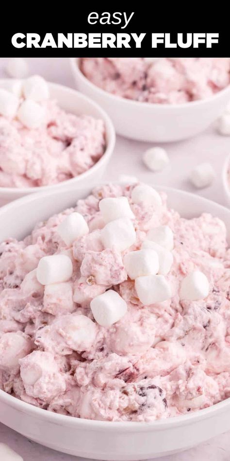 pink cranberry fluff with mini marshmallows in white bowl Cranberry Fluff Recipe, Cranberry Fluff Salad, Cranberry Jello Salad, Cranberry Salad Recipes, Cranberry Fluff, Fluff Salad Recipes, Easy Fruit Salad Recipes, Cranberry Dessert, Fluff Salad