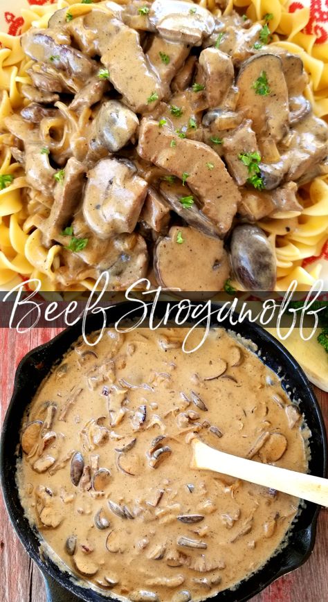 An easy-to-follow recipe for classic Beef Stroganoff with tender strips of steak, sliced mushrooms and sauteed onions in a velvety sauce made with real sour cream. Beef And Noodles With Sour Cream, Sour Cream Beef Stroganoff, Cube Steak Beef Stroganoff, Beef Stroganoff With Sour Cream Easy, Beef Stroganoff Classic, Beef Stroganoff Russian Style, Classic Stroganoff Recipe, Round Steak Beef Stroganoff, Beef Stroganoff Oven Recipe