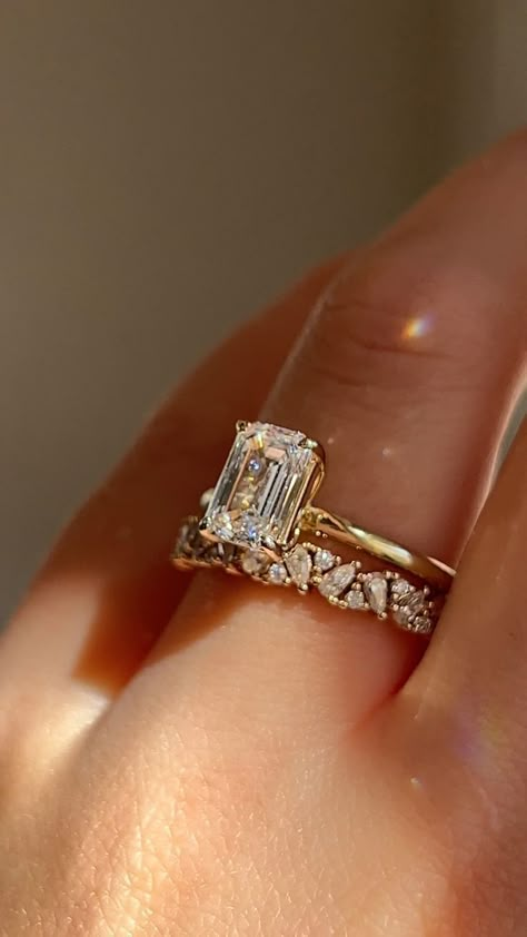 Engagement Ring Stacks, Wedding Rings Emerald Cut, Ring Stacks, Dream Wedding Ring, Stacked Wedding Bands, Cute Engagement Rings, Future Engagement Rings, Emerald Cut Engagement, Emerald Engagement Ring Cut