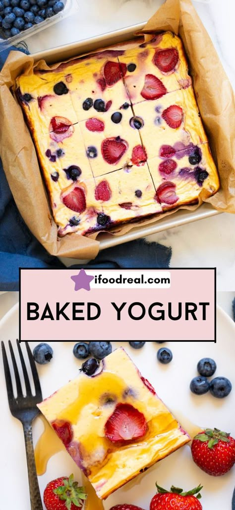 Baked Yogurt tastes like healthy custard, is made with 6 ingredients and contains 8 grams of protein. Healthy Crockpot Dessert Recipes, High Protein Snacks With Greek Yogurt, Baked Yogurt Dessert, Yogurt Blueberry Bread, One Ingredient Meals, Fruit For Dessert, Fruit Healthy Dessert, Medditeranean Diet Desserts, Healthy Birthday Dessert Ideas