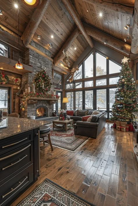 Cabin Interiors Aesthetic, Log Houses Interior, A Frame Family Room, House Inspo Interior Design Living Rooms, Lodge House Interior, Log Cabin Family Room, Cabin Interior Design Living Room, Cabin With Loft Interior, Mountain Traditional Home