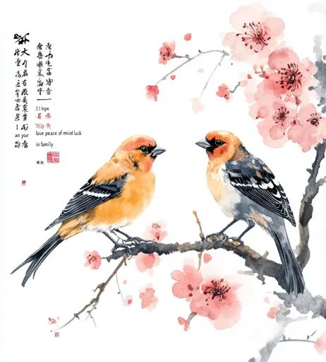 ↑↑↑ Larger size on website 🔸 A watercolor painting depicts two birds perched on a blossoming cherry branch. One bird is yellow wi 🔸 From Midjourney AI Image