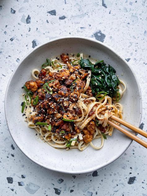 Shiitake & Crumbled Tempeh Saucy Tahini Noodles — Christina Soteriou Tempeh Crumbles, Tahini Noodles, Tempeh Marinade, Tempeh Stir Fry, Vegan Noodles, Tempeh Recipes, High Protein Vegan, Vegetarian Appetizers, Vegetarian Soup