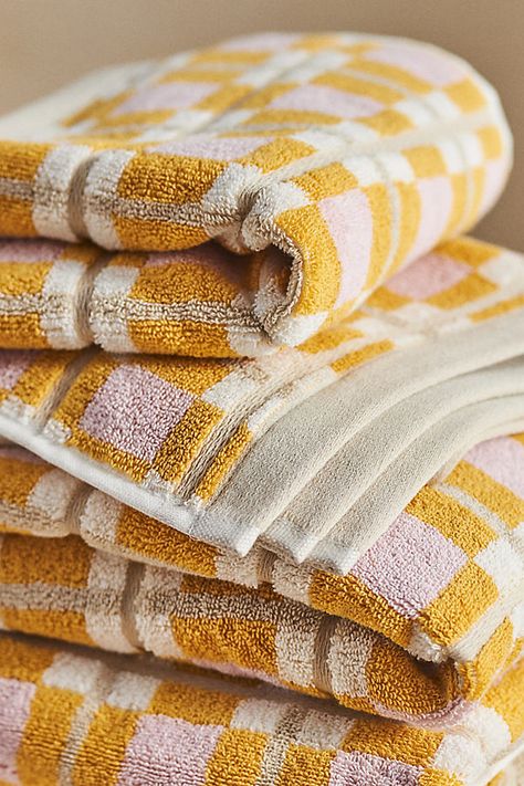 The Taryn Towel Collection embodies understated elegance and superior functionality, featuring high-quality, absorbent fabric and graphic design that effortlessly elevates the aesthetic of any bathroom. | Taryn Towel Collection by Anthropologie in Yellow, Cotton Colorful Towels Bathroom, Waffle Bath Towel, Cute Bathroom Towels, Kids Bath Towels, Towels In Bathroom Decorative, Towels In Bathroom, Bathroom Facelift, Guest Bathroom Towels, Bathroom Vibes