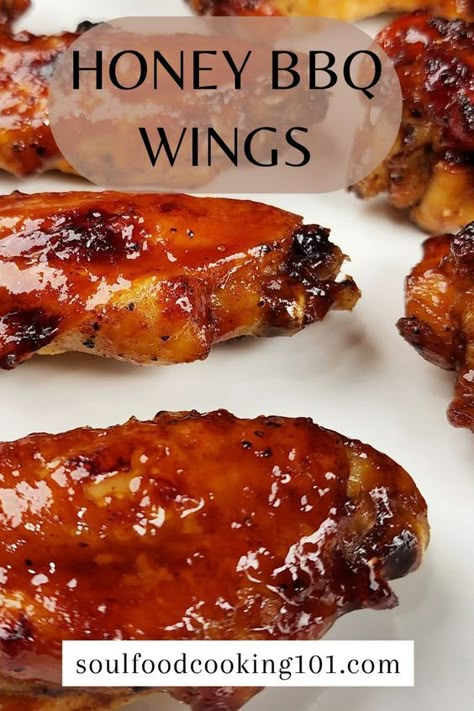 This easy recipe for oven baked Honey BBQ Wings yield crispy, sticky and tasty wings. I hope you give this recipe a try. For the printable recipe visit:  https://soulfoodcooking101.com/best-baked-honey-bbq-wings/ Honey Bbq Chicken Wings In The Oven, Easy Bbq Wings In Oven, Baked Bbq Wings Oven, Honey Bbq Wing Sauce, Honey Wings Recipe Oven Baked, Honey Baked Chicken Wings, Oven Baked Bbq Chicken Wings, Sticky Wings Recipe Easy, Oven Wings Recipe