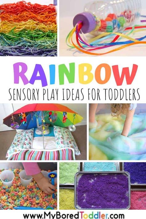 Rainbow Sensory Play Ideas for Toddlers Sensory Bins For Toddlers, Rainbow Sensory, Sensory Play Toddlers, Toddler Sensory Bins, Play Ideas For Toddlers, Sensory Activities For Kids, Rainbow Activities, Sensory Games, Toddler Teacher