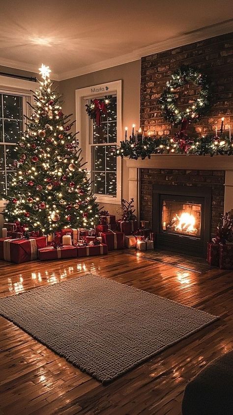 House Decorating Christmas, Warm Christmas Background, Comfy Christmas Aesthetic, Christmas Tree With Fireplace, Warm Nostalgic Christmas, Winter Wonderland Christmas Lights, Christmas Tree Interior Design, Homey Christmas Decorations, Warm Christmas Tree Ideas