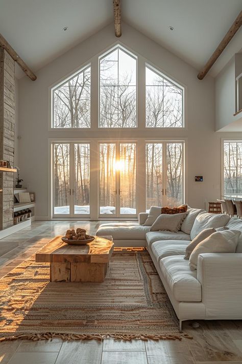 40 Barnhouse Decor Ideas: Designs for Modern Country Living Farm Home Design, Great Living Room Ideas, Large Window Living Room Ideas, House Design Windows, Country Modern Interior, Modern Country House Interior, Vaulted Ceiling Living Room Open Concept, House Kitchen And Living Room, Large Window Ideas