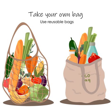 Premium Vector | Reusable grocery eco bag with vegetables isolated from white background. zero waste (say no to plastic) and food concept. Reusable Bag Design, Environmental Poster, Reusable Bags Design, Recycle Sign, Say No To Plastic, Vegetable Bag, Bag Illustration, Food Illustration Art, Drawing Bag