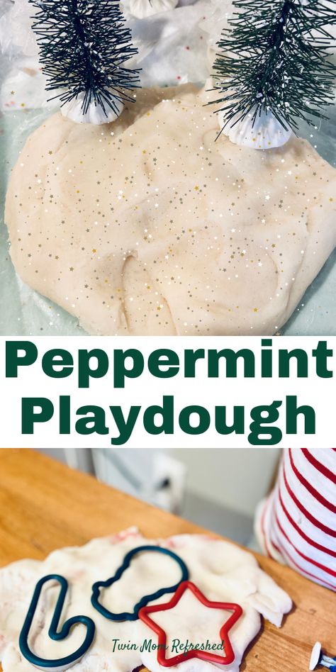 Winter Scented Playdough, Holiday Playdough Recipe, Christmas Play Dough Recipe, Winter Toddler Sensory Activities, Fun December Activities For Kids, Holiday Food Activities For Kids, Christmas Tree Playdough, Peppermint Playdough Recipe, Homemade Christmas Playdough