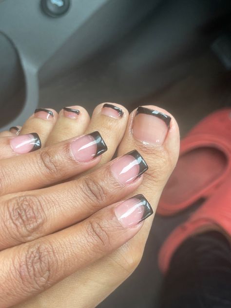 Cute Short Black French Tip Nails, Short Nails Ideas French Tip Black, Clear With Black Tip Nails, Black French Tip Mani Pedi, Black Shirt French Tip, Black French Tip Nails Natural, French Top Toes Black Women, Dark Color French Tip Nails, Black French Tip Shorties