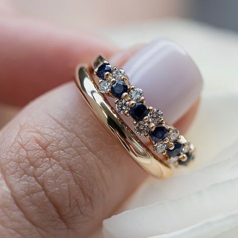 Sapphire Ring And Band, Two Band Ring, Sapphire Engagement Ring And Band, Four Stone Ring, Rings For Everyday Wear, Blue Stone Wedding Band, Natural Sapphire Ring, Colourful Wedding Band, Wedding Band Sets His And Hers