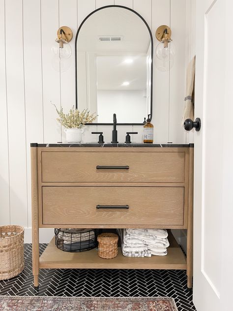 oak bathroom vanity, herringbone floors, shiplap walls Revamped Bathroom Vanity, Modern Single Vanity Bathroom, 36inch Bathroom Vanities, Guest Bathroom Single Vanity, Single Vanities Bathroom, Wood Vanity Guest Bathroom, Small Bathroom With Natural Wood Vanity, Three Drawer Bathroom Vanity, Cute Bathroom Vanity Ideas