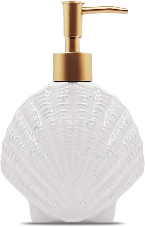 Amazon.com: Shell-Shaped Soap Dispenser White Ceramic Lotion Bottle with Golden Matte Pump Home Décor for Bathroom Kitchen : Home & Kitchen Rich Bathroom, Ocean Soap, Beach Soap, Bathroom Shelving, Bottom Of The Bottle, Bath Accessories Set, Bathroom Inspiration Decor, Bathroom Soap Dispenser, Lotion Bottle