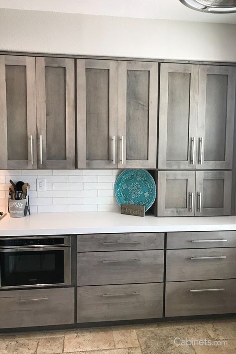 Gray Stained Kitchen Cabinets, Grey Stained Cabinets, Grey Stained Kitchen Cabinets, Small House Design Minimalist, Kitchen Small House, Gray Stained Cabinets, House Design Minimalist, Farmhouse Modern Kitchen, Tower Cabinet