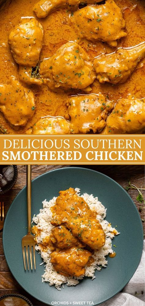 Get set to dive into a Southern classic with our Delicious Southern Smothered Chicken recipe! This dish is pure Southern comfort, featuring succulent chicken bathed in a rich, flavorful gravy. It's the kind of meal that brings everyone to the table with smiles + empty plates. Gluten-free Option. | how to make smothered chicken | homemade smothered chicken | homemade gravy for smothered chicken | smothered chicken dinner recipes | smothered chicken with gravy | best smothered chicken recipe Smother Me Chicken, Smothered Gravy Recipe, Homemade Gravy For Chicken, Southern Chicken Dinner Recipes, Southern Cooked Meals, Southern Chicken Thigh Recipes, Southern Dishes Dinners, Southern Menu Ideas, How To Make Smothered Chicken