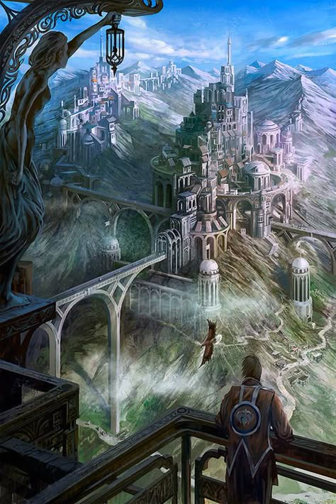 (Open RP) I look over the Castle of the Light Side of  Beyond. It's safe, for now. Knights are getting their swords sharpened and are practicing moves to use in the battle that will happen soon. I only watch, knowing its my time to keep eyes wide and ears a large. (Jacob) Mtg Proxies, Creation Art, Cards Game, Fantasy Worlds, Fantasy Castle, Fantasy City, Fantasy Setting, Fantasy Places, Fantasy Art Landscapes