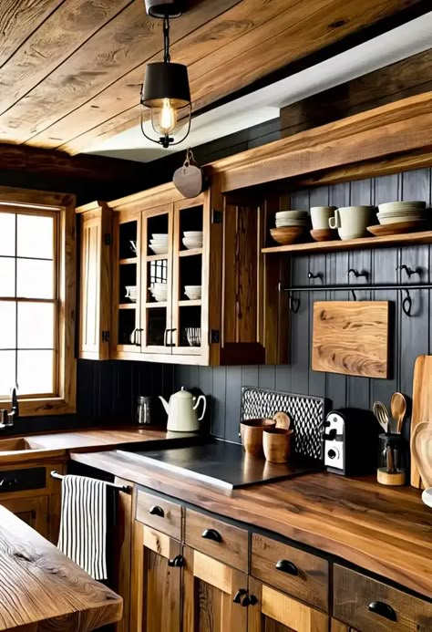 15 Beautiful Rustic Kitchen Cabinets Perfect for Your Home Log Cabin Kitchens With Painted Cabinets, Dark Farmhouse Kitchen Cabinets, Dark Oak Kitchen Cabinets Farmhouse, Hickory Kitchen Cabinets With Butcher Block Countertops, Black Antique Cabinets Kitchen, Rustic Kitchen Theme, Black Kitchen Walls Wood Cabinets, Log House Kitchen Cabinets, Butcher Block On Wood Cabinets