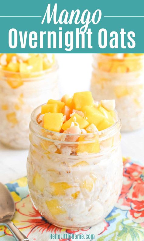 Wake up to the tastiest Overnight Oats with Mango tomorrow morning! Learn how to make the BEST Mango Overnights Oats in a jar (or bowl) using simple ingredients: rolled oats, milk (regular or non dairy), fresh mango, coconut, macadamia nuts, and maple syrup. This scrumptious Mango Oats recipe is easy to make, creamy, healthy, and has a tasty tropical taste you’ll love. Makes an excellent Make Ahead Breakfast (great for Meal Prep). Vegetarian + Vegan Friendly Oatmeal Recipe! | Hello Little Home Veggie Recipes Breakfast, Meal Prep Vegetarian, Mango Overnight Oats, Mango Oatmeal, Oats In A Jar, Oats Milk, Oats Recipes Breakfast, Overnight Oats In A Jar, Pumpkin Overnight Oats