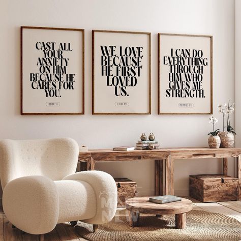 Christian wall art set with 3 framed prints featuring Philippians 4 scripture for home decor inspiration and Bible study. Scripture Wall Art Kitchen, Single Female Home Decor, Bible Verse Wall Art Living Room, Bible Verses For New Home Construction Living Room, Faith Based Home Decor, Modern Christian Home Decor, Scripture For Home, Christian Wall Decor Living Room, Christian Wall Decor Ideas Bedroom