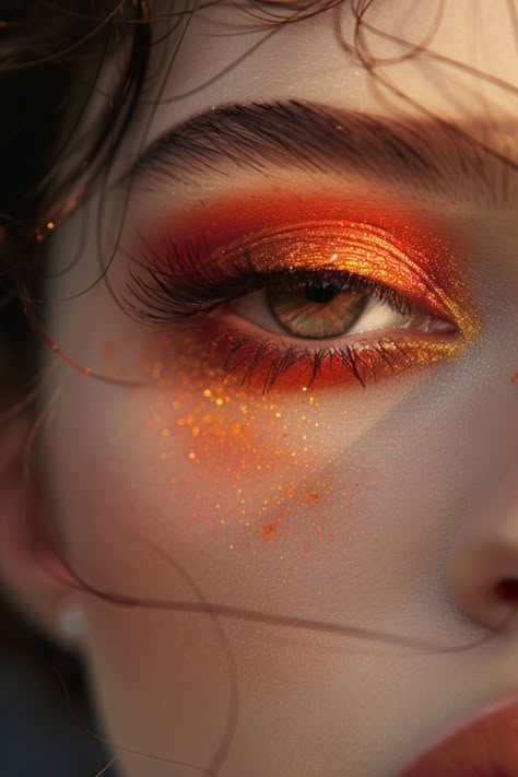 Orange Rave Makeup Looks, Fire Inspired Eye Makeup, Orange Red Makeup Look, Makeup Looks Orange Brown, Brown Eyes Red Eyeshadow, Fiery Makeup Looks, Orange And Red Eyeshadow Looks, Orange Makeup Brown Eyes, Red Orange Eyeshadow