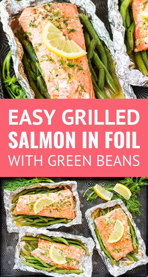 Easy Grilled Salmon In Foil -- this simple salmon in foil recipe is packed with lemony garlic butter flavor! Adding green beans to the packet means you have have a healthy protein and side dish on the table in under 30 minutes… | grilling salmon in tin foil | salmon on the grill | salmon foil packets | easy salmon in foil | garlic butter salmon in foil | salmon in foil with green beans #salmonrecipes #grilling #salmon #greenbeans #grill #lemonbutter Tin Foil Salmon, Salmon Foil Packets Grill, Salmon In Foil Packets, Garlic Butter Salmon In Foil, Foil Salmon, Salmon On The Grill, Grilling Salmon, Easy Grilled Salmon, Salmon Green Beans