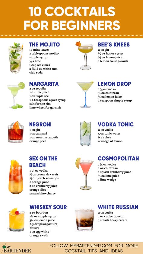 Cocktails For Beginners Cocktails For Beginners, Romantic Drinks, Bartender Drinks Recipes, Yummy Cocktails, Vodka Tonic, Bartender Drinks, Cocktail Drinks Alcoholic, Classic Cocktail Recipes, Mixed Drinks Alcohol