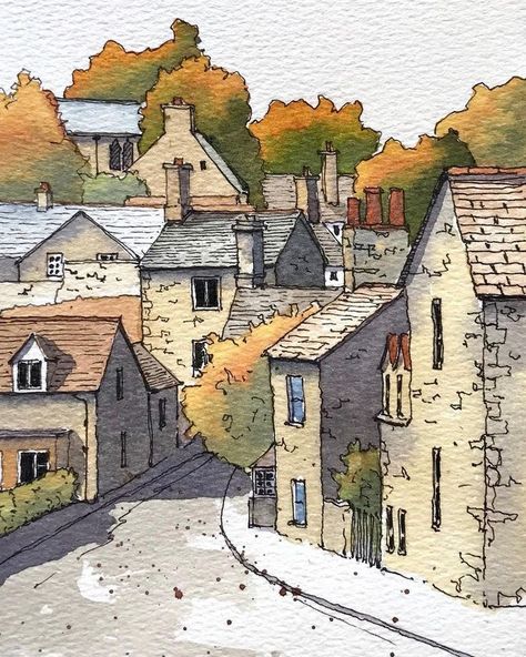 Countryside Watercolor, Autumn Village, Town Drawing, Village Drawing, Watercolor House Painting, British Village, Line And Wash, Watercolor Art Landscape, Pen And Wash