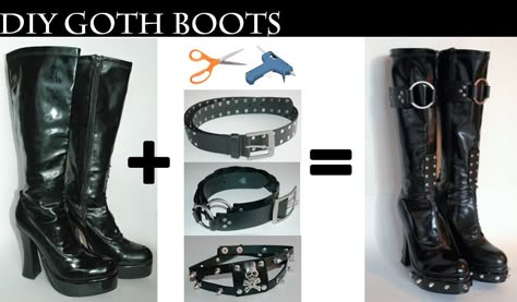 Making Shoes Diy, Goth Diy Ideas, Gothic Boots With Rivets For Halloween, Goth Clothing Diy, Punk Boots Diy, Goth Diy Clothes Tutorials, Punk Shoes Diy, Gothic Boots With Rivets For Cosplay, Goth Upcycle