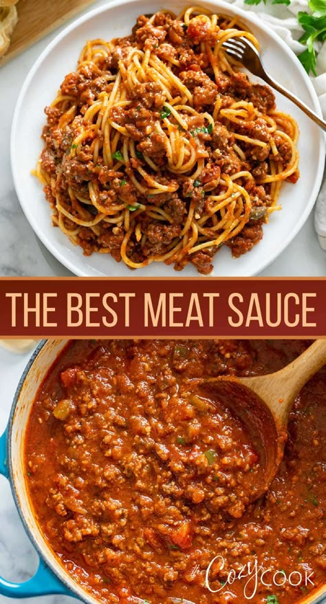 This homemade Meat Sauce recipe is easy to make with ground beef and serve with spaghetti or your favorite pasta! It has classic Italian flavors that come together quickly for an easy family dinner idea. Best Meat Sauce, Make With Ground Beef, Meat Sauce Recipe, Best Spaghetti Sauce, Homemade Spaghetti Sauce Recipe, Homemade Meat Sauce, Spaghetti Recipes Easy, Sauce For Pasta, Sauce Spaghetti