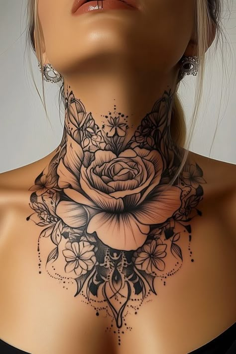 International Tattoo Ideas, Rose Back Of Neck Tattoo, Dainty Throat Tattoos For Women, Side Neck Tattoo Women, Colorful Neck Tattoo, Nek Tattoo Woman, Womans Chest Tattoo, Elegant Neck Tattoo, Floral Neck Tattoo For Women