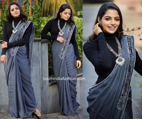 Saree With Shirt Style Blouse, Saree In Winter Indian Fashion, Grey Saree With Black Blouse, Styling Saree In Winter, Sarees In Winter, Saree Styling In Winters, Saree In Winter How To Wear, How To Style Saree In Winter, Winter Saree Style