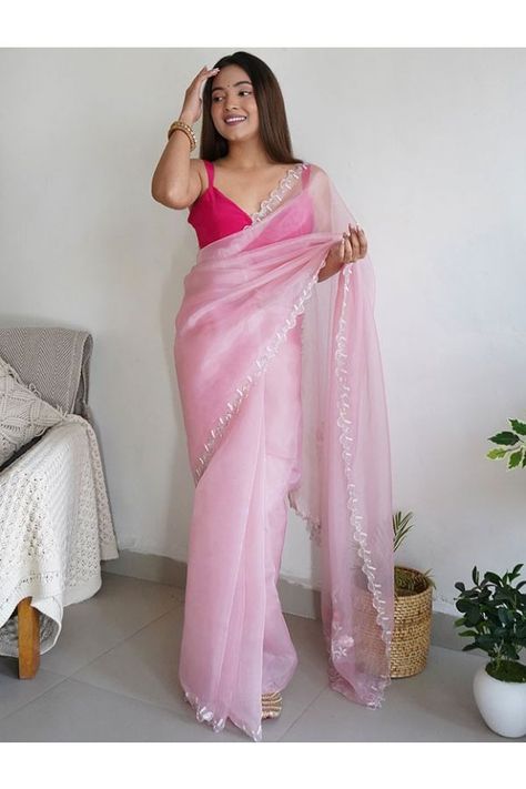 Pink Organza Party Wear Saree Organza Saree Makeup Look, Blouse On Pink Saree, Hot Pink Saree Look, Pink Blouse Saree, Hot Pink Saree, Light Pink Saree, Pink Organza Saree, Baby Pink Saree, Simple Saree Designs