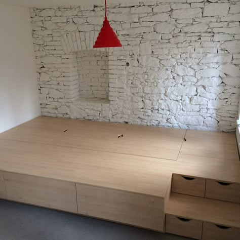 Wall To Wall Platform Bed, Platform Room Ideas, Raised Platform Office, Platform For Beds, Bedroom With Raised Platform, Raised Floor Bedroom Hidden Bed, Raised Floor Storage, Raised Couch Platform, Bed Under Platform Floor