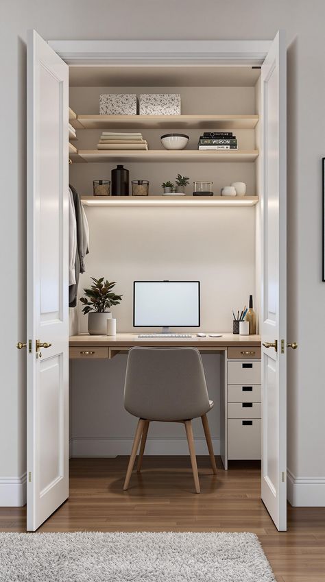 Hidden Desk Ideas Built In Desk And Shelves In Closet, Small Space Desk Ideas Tiny Bedrooms, Small Hidden Office Space, Desk In A Cupboard, Closet With Desk Inside, Discreet Desk In Living Room, Small Bedroom Into Office, Small Closet Into Office, Built In Desk And Shelves Small Space