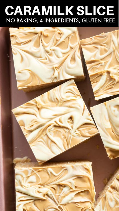 No Bake Slice, No Bake Slices, Caramel Dessert, Slice Recipes, Rice Bubbles, Baking Chips, Vegan White Chocolate, Tray Bake Recipes, Condensed Milk Recipes