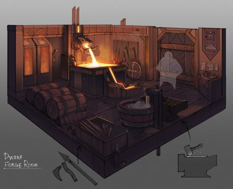 Minecraft Dwarven, Dwarven Architecture, Fantasy Forge, Dwarven City, Blacksmith Workshop, Dwarven Forge, Interior Concept Art, Building Concept, Fantasy City