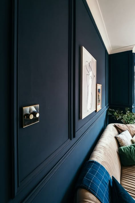 Beautiful Blue UK Home Tour Photos | Apartment Therapy Dark Blue Feature Wall, Hallway Wall Colors, Dark Blue Paint Color, Dark Blue Rooms, Blue Feature Wall, Blue Walls Living Room, Blue Painted Walls, Blue Wall Colors, Navy Living Rooms