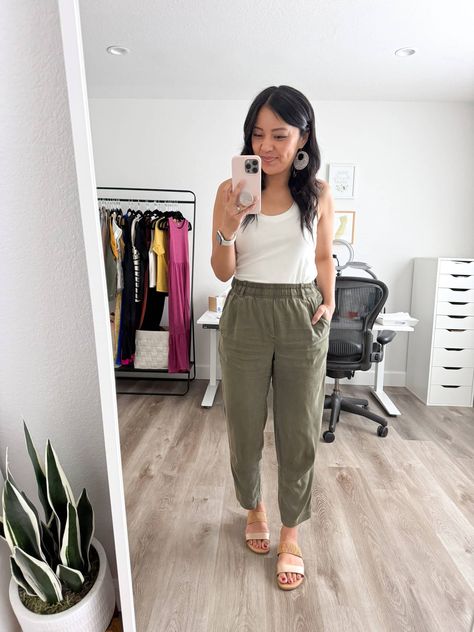 white tank top   olive green linen pants   metallic sandals   leather earrings Olive Green Linen Pants Outfit, Nursing Friendly Outfits, Green Linen Pants, Make Outfits, Packing Wardrobe, White Pants Outfit, Nickel And Suede, Olive Green Pants, Expensive Clothes