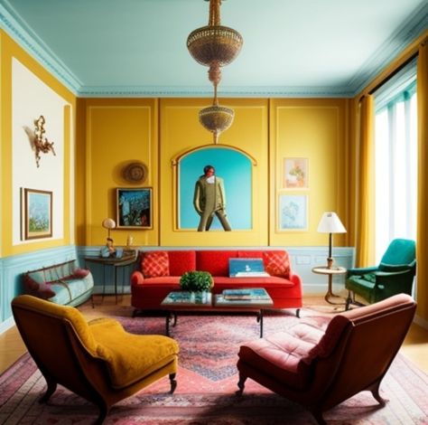 Wes Anderson Aesthetic Room, Wes Anderson Aesthetic Living Room, Wes Anderson Home Interiors, Unisex House Decor, Wes Anderson Interior Design Bedroom, Wes Anderson Living Room Decor, Wes Anderson House Aesthetic, Wes Anderson Furniture, Wes Anderson House Decor