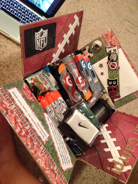 Football Camp Care Package                                                                                                                                                      More Football Care Package, Football Boyfriend Gifts, Gifts For Boyfriend Long Distance, Camp Care Packages, Boyfriend Care Package, Christmas Care Package, Football Girlfriend, Boyfriend Gift Basket, Football Boyfriend