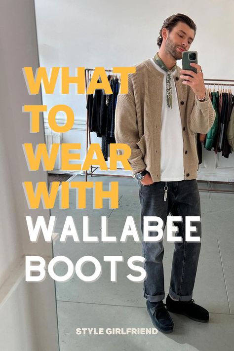 headline: what to wear with wallabee boots, image: man in oatmeal-colored cardigan, white t-shirt, light green bandana, black jeans, and black suede Clarks wallabee boots Wallabee Outfit Men, Black Wallabees Outfit Men, Clarks Shoes Mens Outfit, Wallabee Outfit, Clarks Shoes Outfit, Clarks Wallabees Men Outfit, Wallabees Outfit Men, Clarks Outfit, Clarks Wallabees Outfit