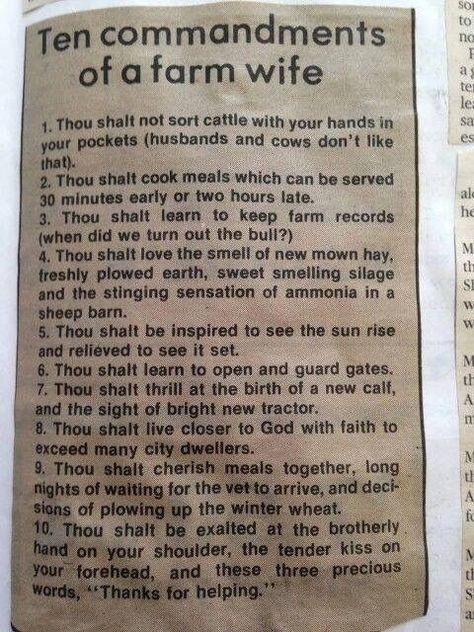 10 Commandments of a Farm Wife ❤️. I can say most of these apply to me! We don't ever see the sight of a new tractor though. haha Farm Life Quotes, Farming Quotes, Farmer Quotes, Cowgirl Secrets, Farm Quotes, Farm Humor, Cowboy Quotes, Farming Life, Farmers Wife