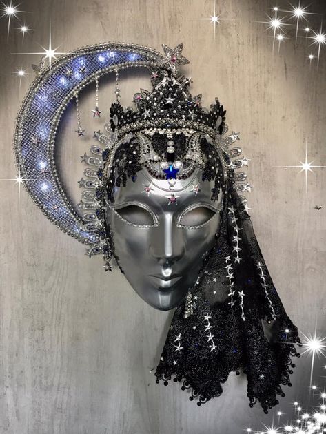 May I present... - Tiaura Arts - handmade masks & headdresses Maquarade Mask, Mask With Veil, Full Mask Design Ideas, Moon Mask Masquerade, Masquerade Crown, Moon Masquerade Mask, Veil Covering Face, Masquerade Ball Aesthetic Dark, Gothic Masks